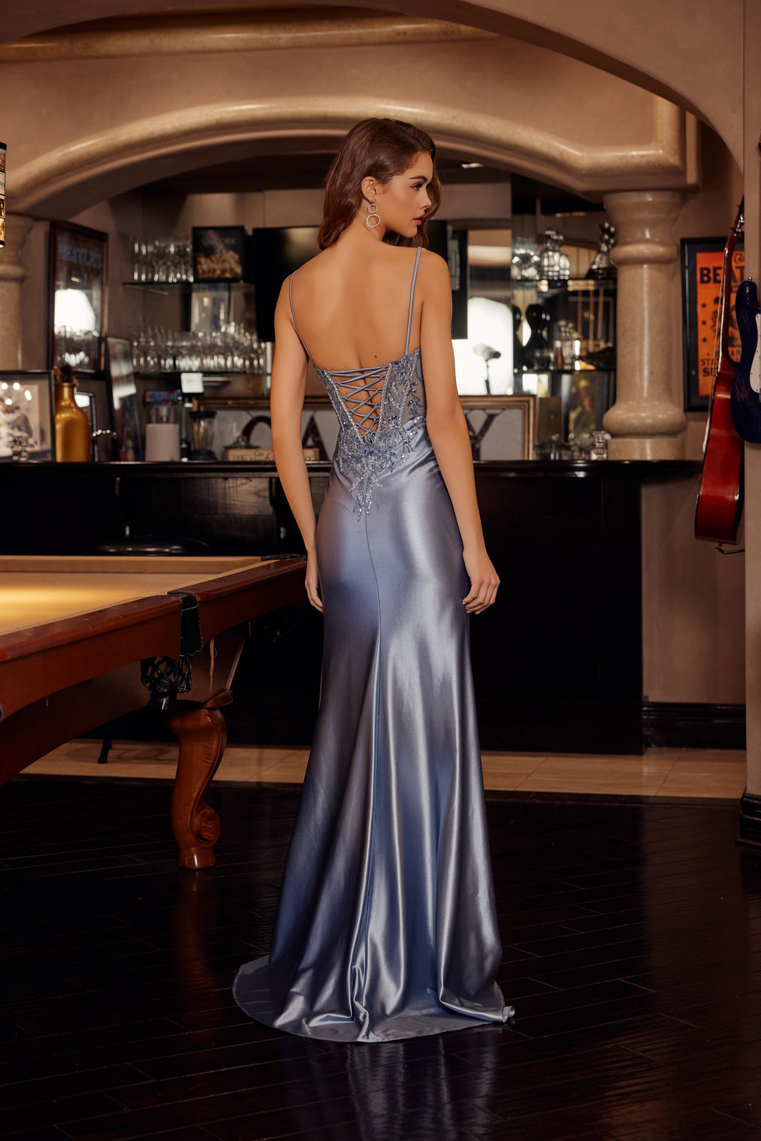 Sequin Applique V-Neck Slit Gown by Nox Anabel D1766
