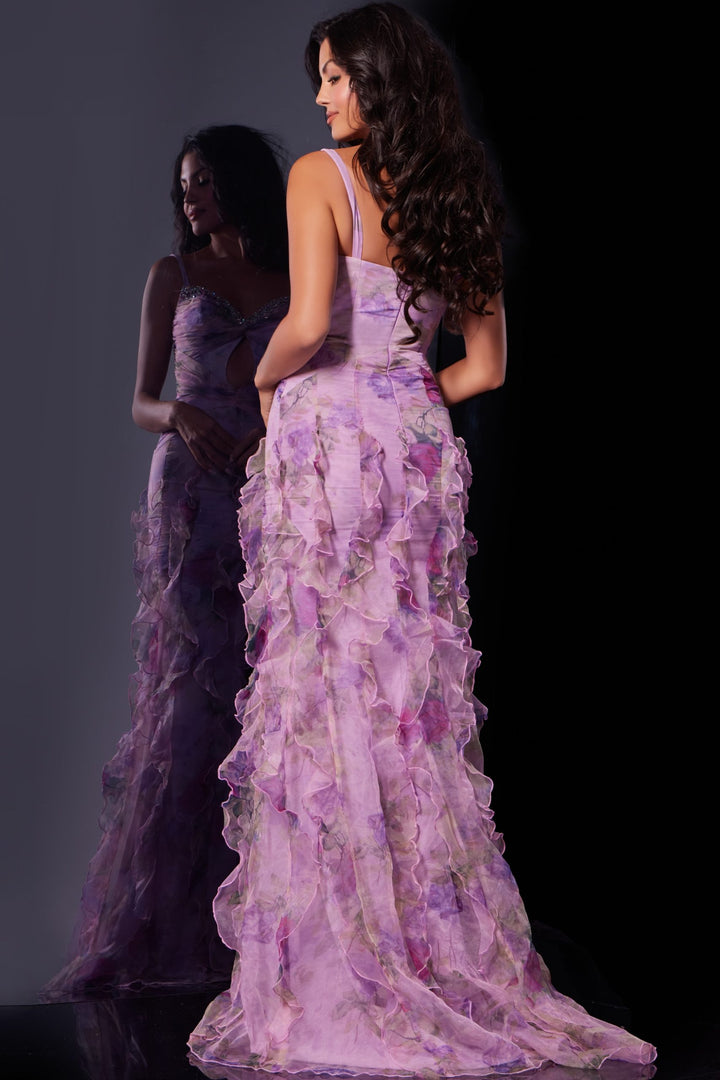 Floral Print Fitted Sleeveless Slit Gown by Jovani D5113 - Outlet
