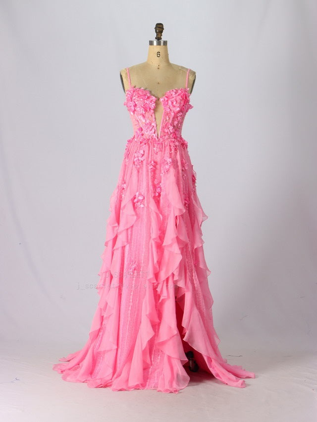 3D Floral Sleeveless Ruffled Slit Gown by Jovani D5993