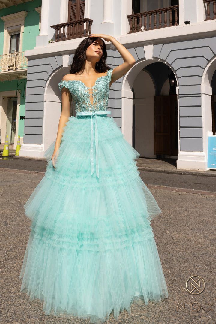 Applique Off Shoulder Tiered Gown by Nox Anabel E1293