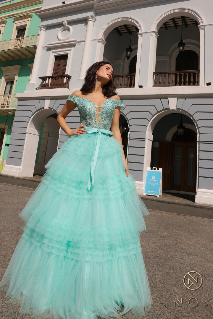 Applique Off Shoulder Tiered Gown by Nox Anabel E1293