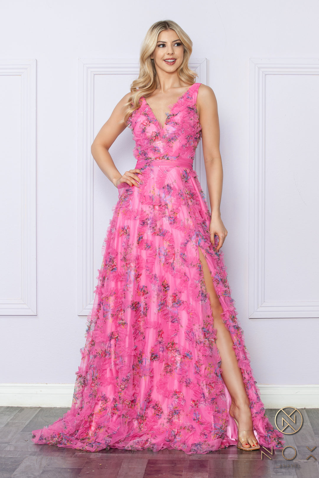 Floral Print A-line Ruffled Slit Gown by Nox Anabel E1445