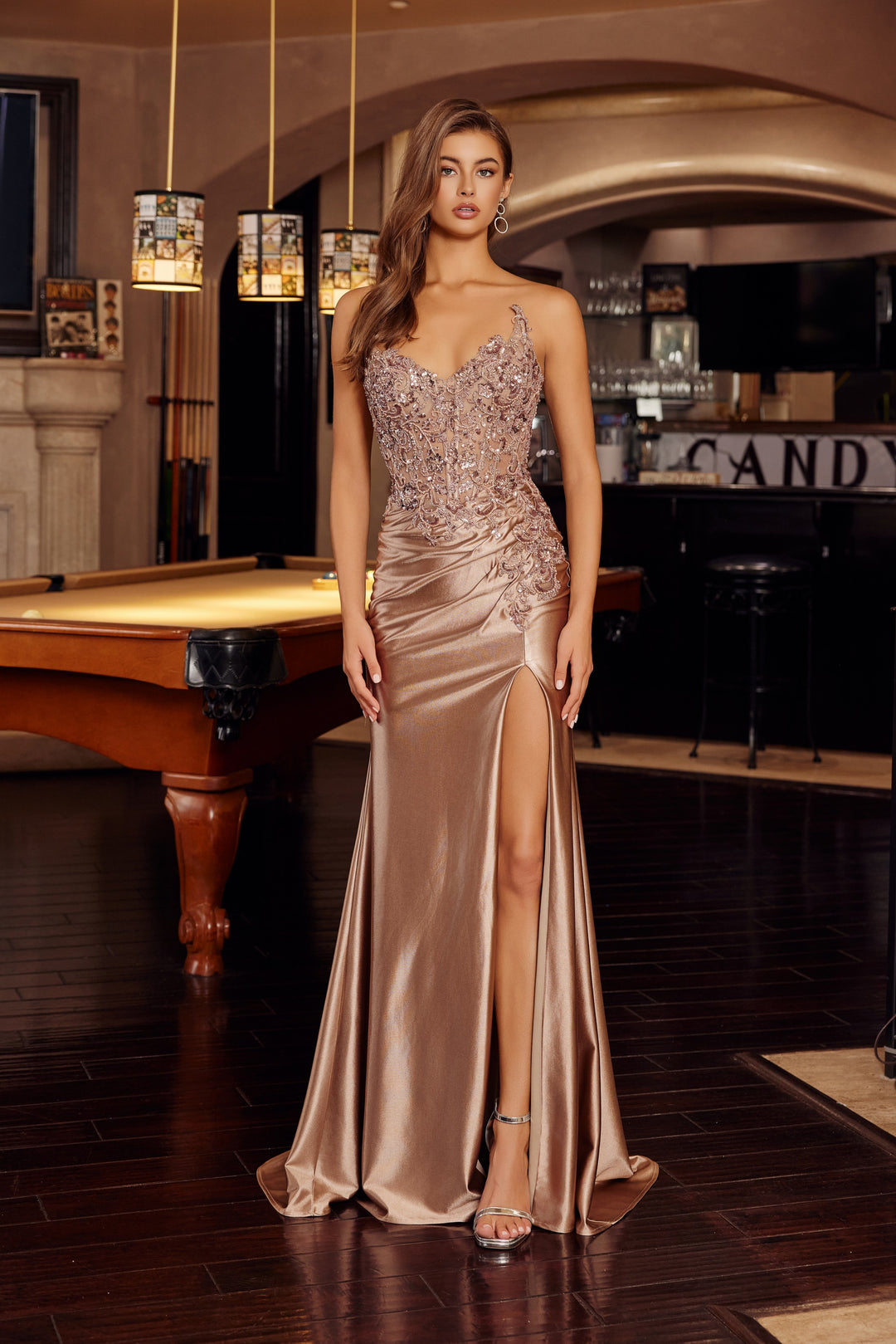 Applique Satin Strapless Slit Gown by Nox Anabel E1889