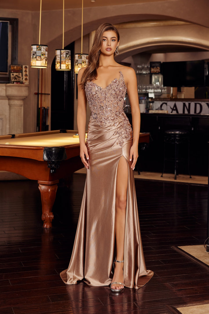 Applique Satin Strapless Slit Gown by Nox Anabel E1889