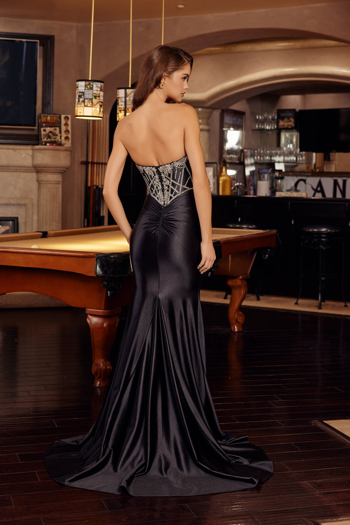Beaded Satin Fitted Strapless Gown by Nox Anabel E1901