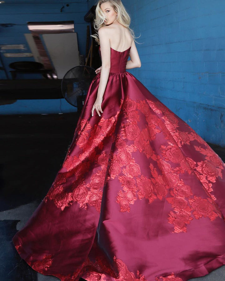 Satin Strapless A-line Slit Gown by Jovani 02038