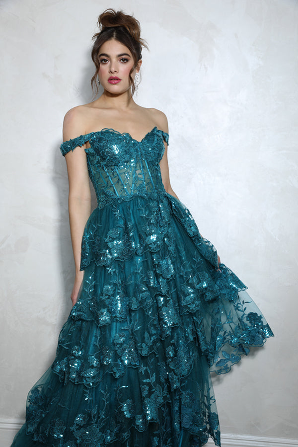 Off Shoulder A-Line Tiered Gown by Eureka EK102 2XL / Teal Off Shoulder A-Line Tiered Gown by Eureka EK102 2XL / Teal