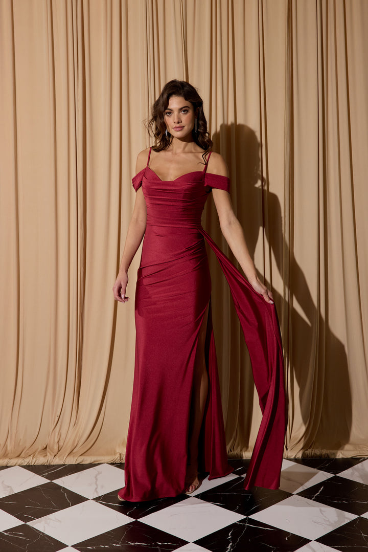 Satin Cold Shoulder Slit Gown by Eureka EK117