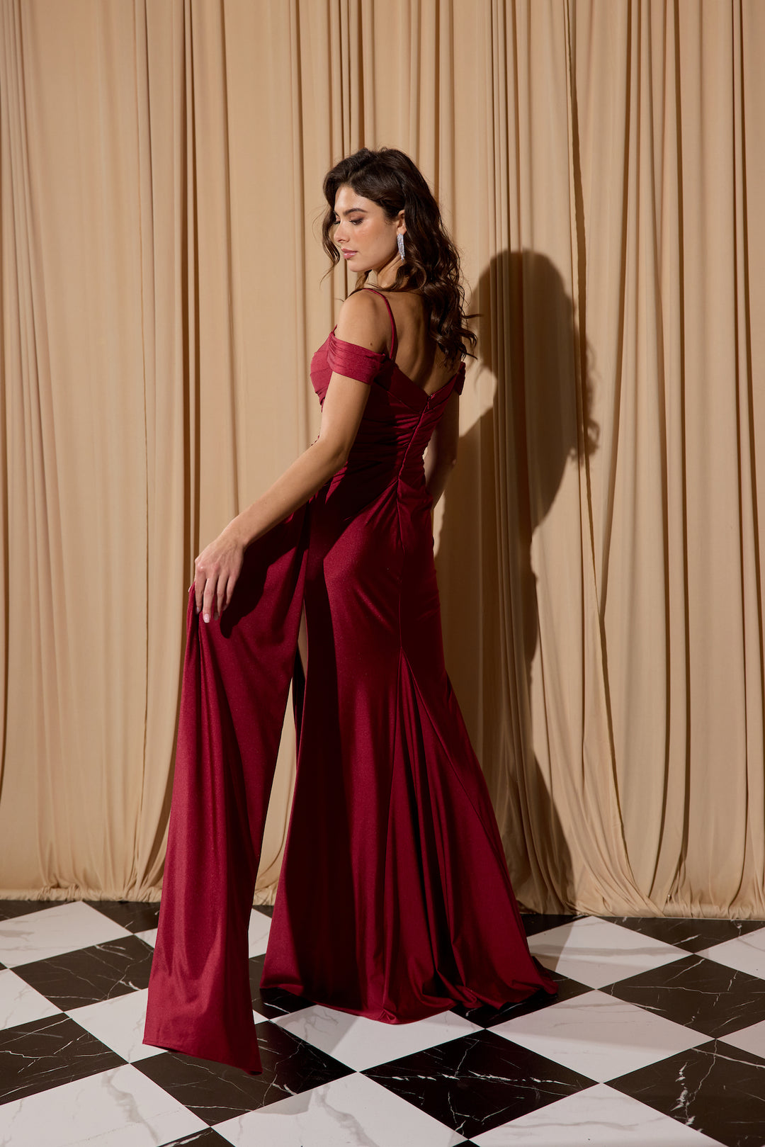 Satin Cold Shoulder Slit Gown by Eureka EK117