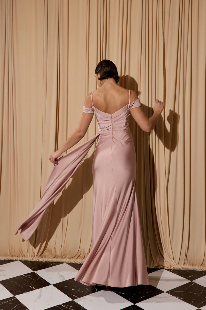 Satin Cold Shoulder Slit Gown by Eureka EK117