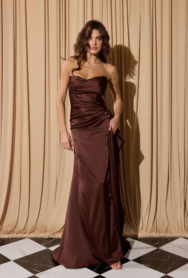 Satin Fitted Strapless Slit Gown by Eureka EK118