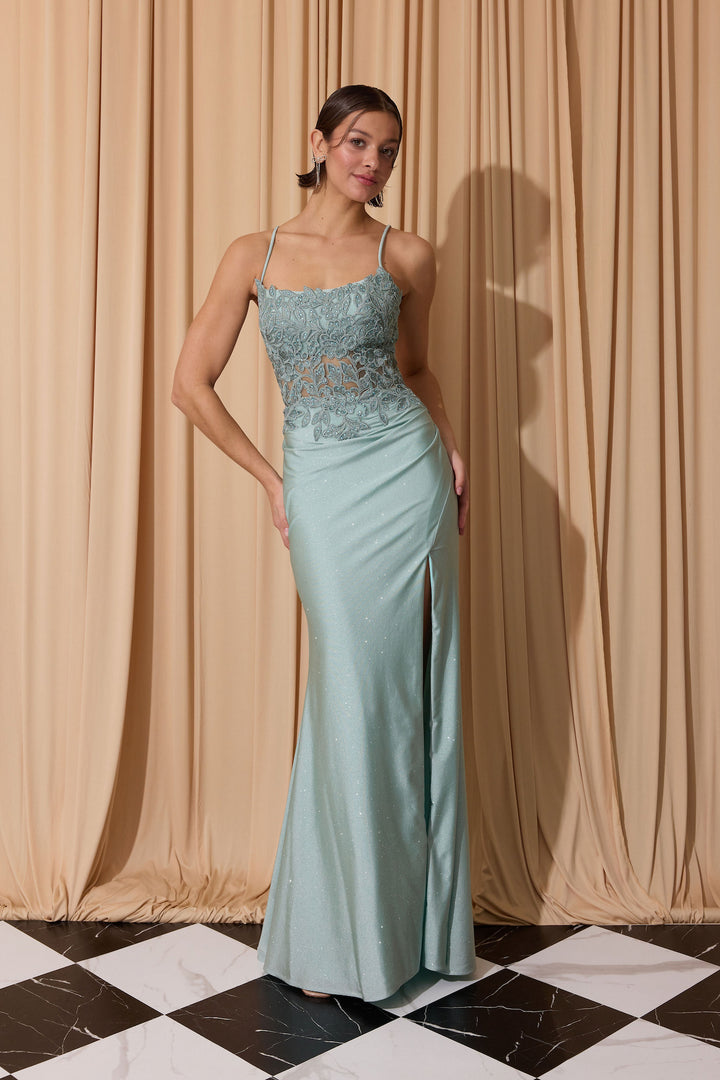 Applique Fitted Sleeveless Slit Gown by Eureka EK129