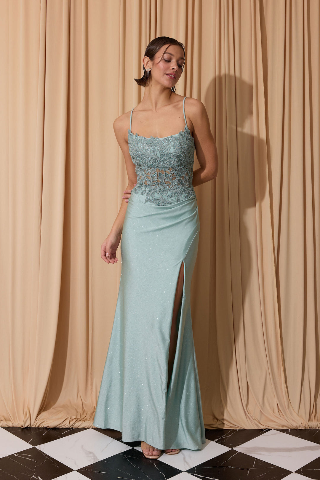 Applique Fitted Sleeveless Slit Gown by Eureka EK129
