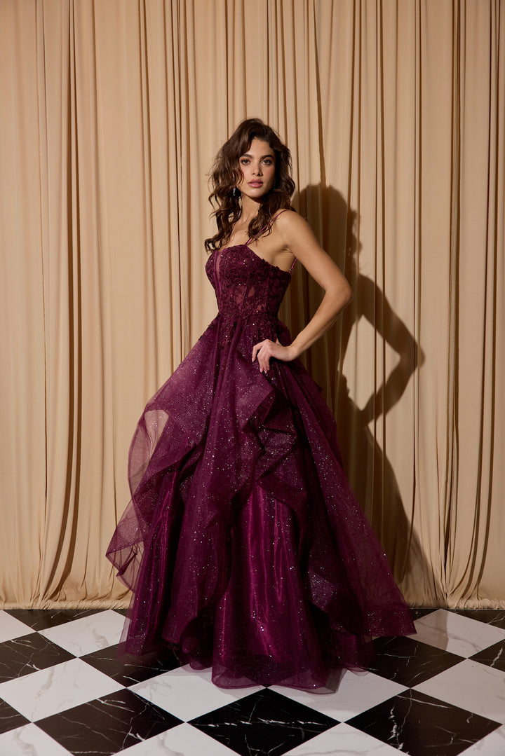 Applique Sleeveless A-line Ruffled Gown by Eureka EK157