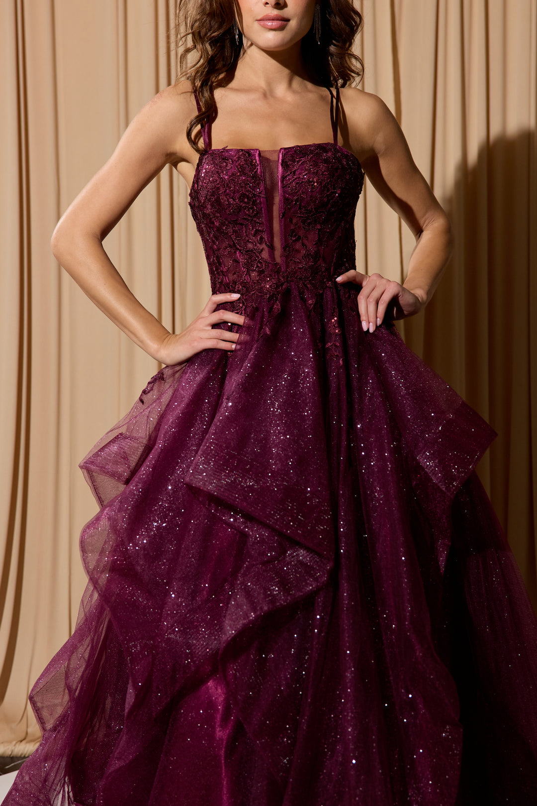 Applique Sleeveless A-line Ruffled Gown by Eureka EK157