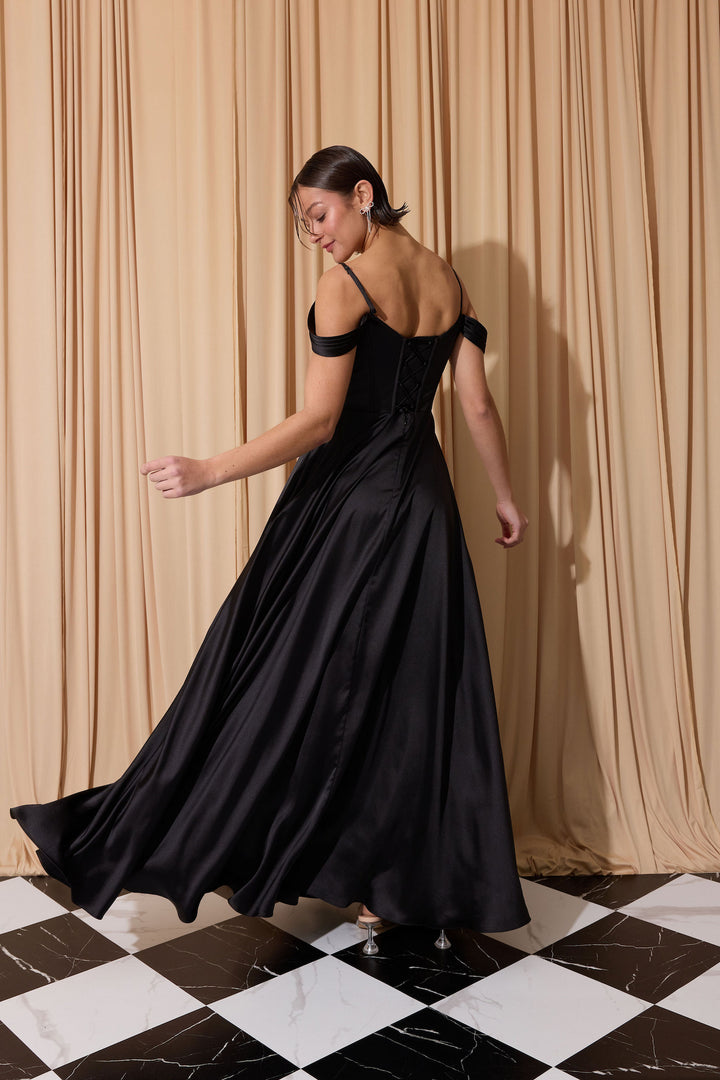 Satin Cold Shoulder Slit Gown by Eureka EK176