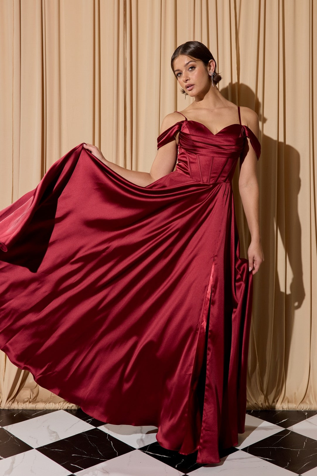 Satin Cold Shoulder Slit Gown by Eureka EK176 – ABC Fashion
