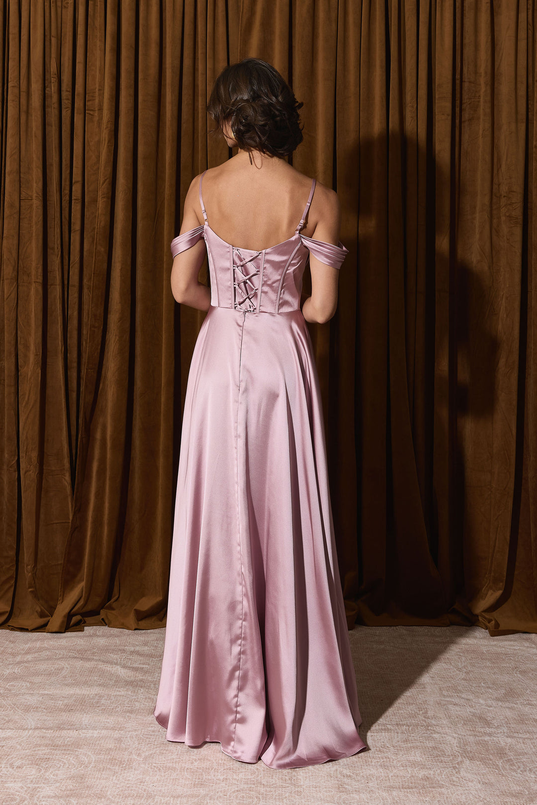 Satin Cold Shoulder Slit Gown by Eureka EK176