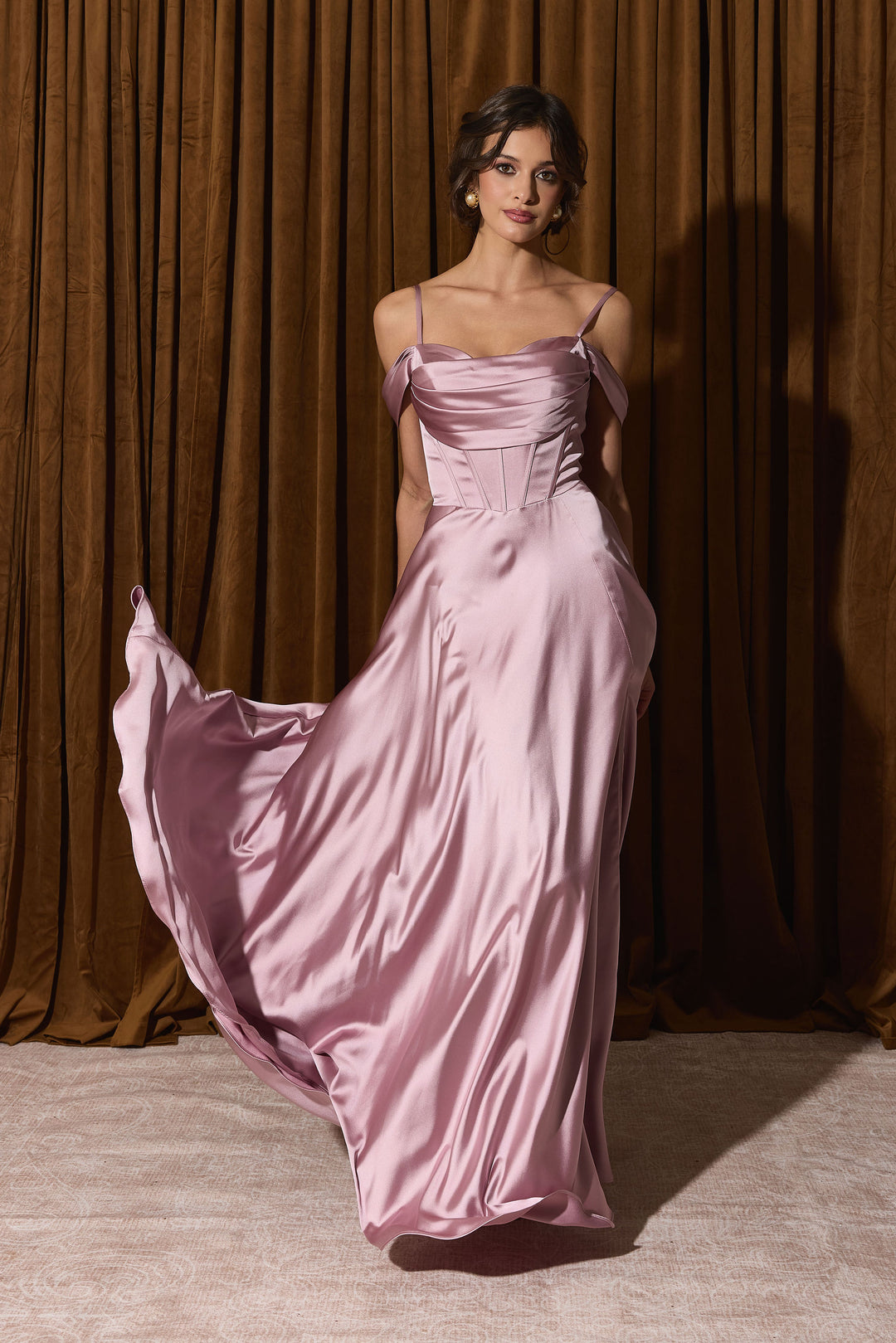 Satin Cold Shoulder Slit Gown by Eureka EK176