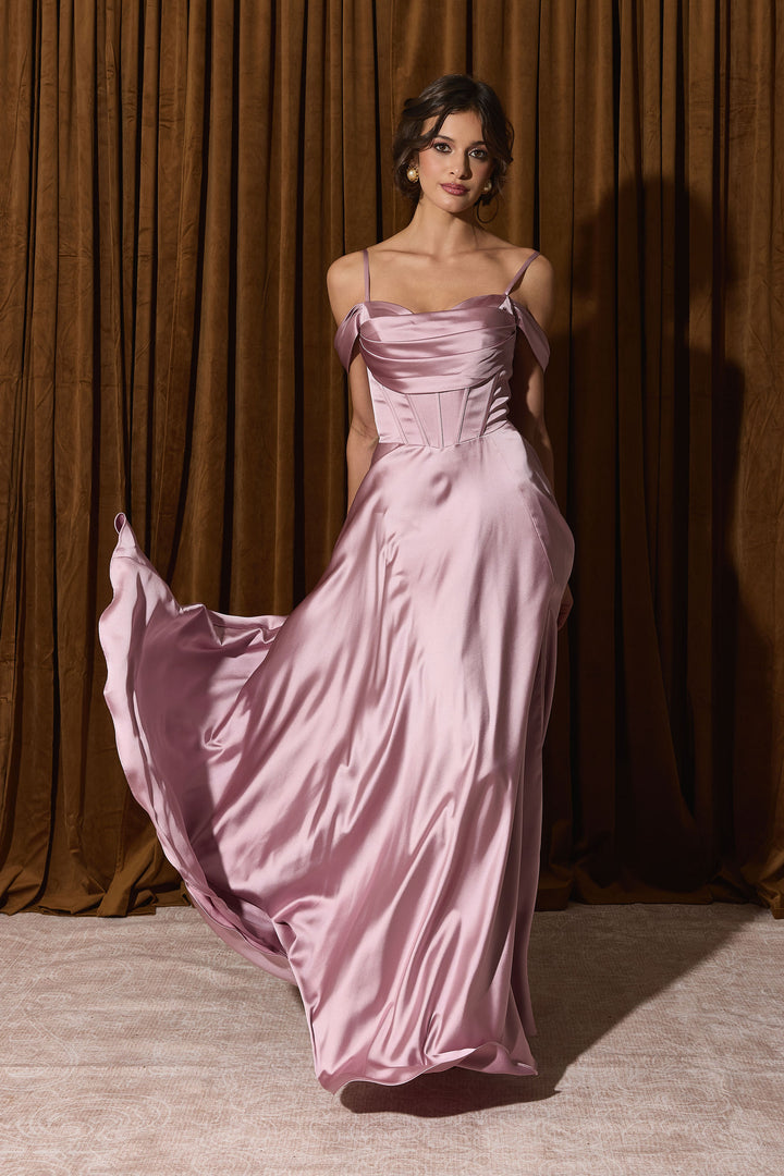 Satin Cold Shoulder Slit Gown by Eureka EK176