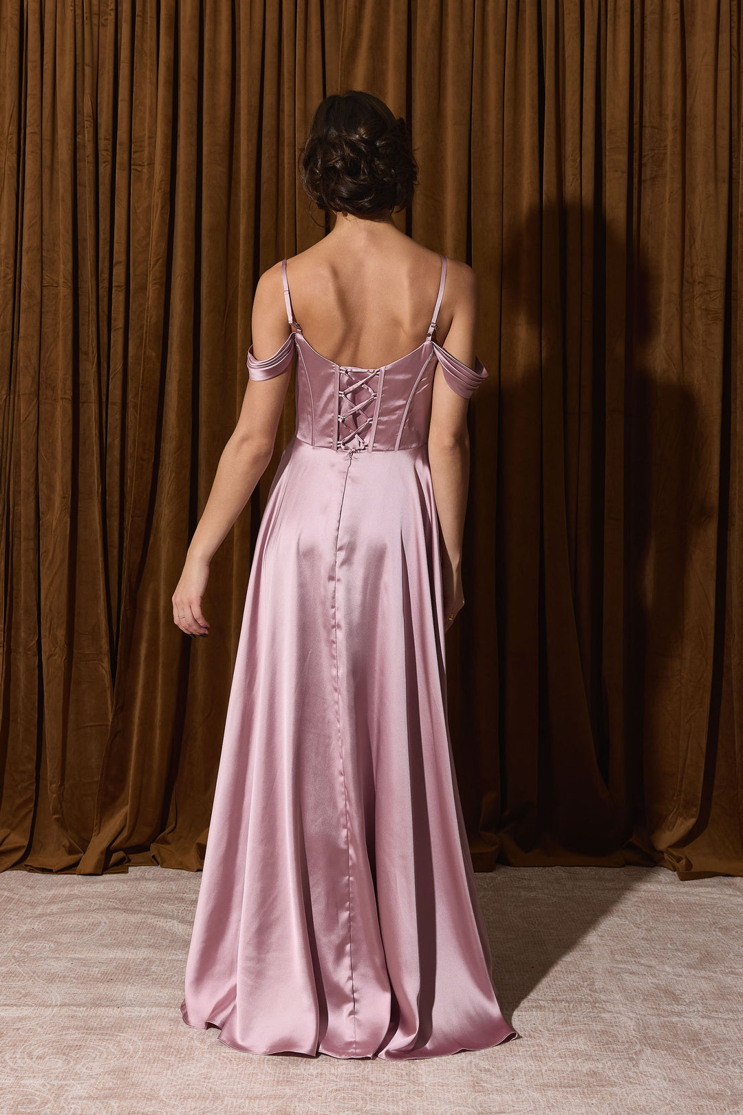 Satin Cold Shoulder Slit Gown by Eureka EK176