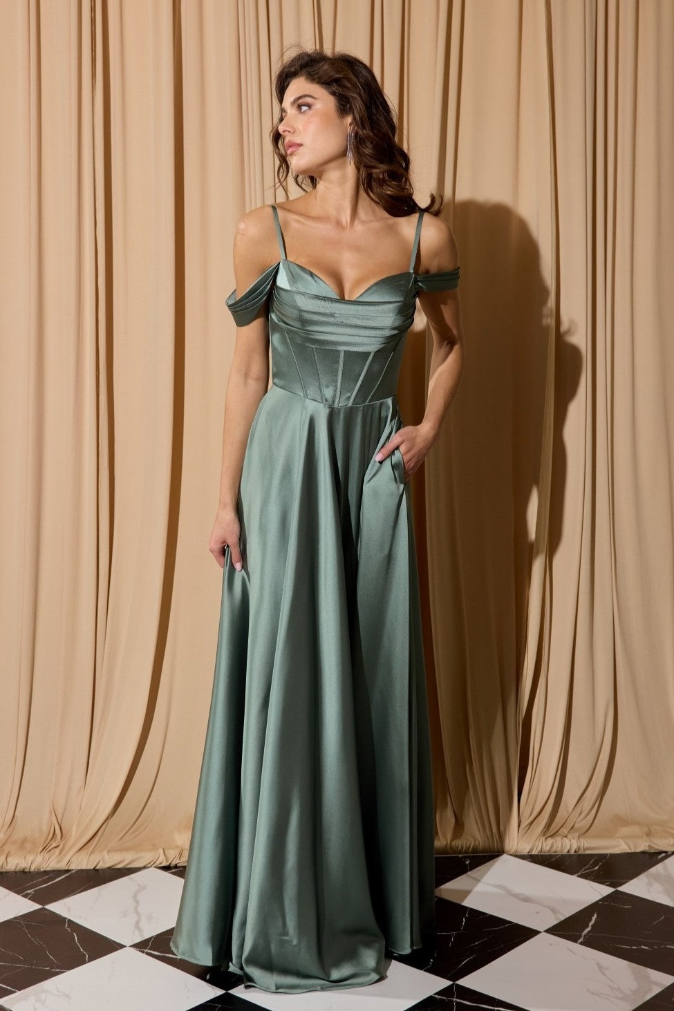 Satin Cold Shoulder Slit Gown by Eureka EK176 XS / Eucalyptus