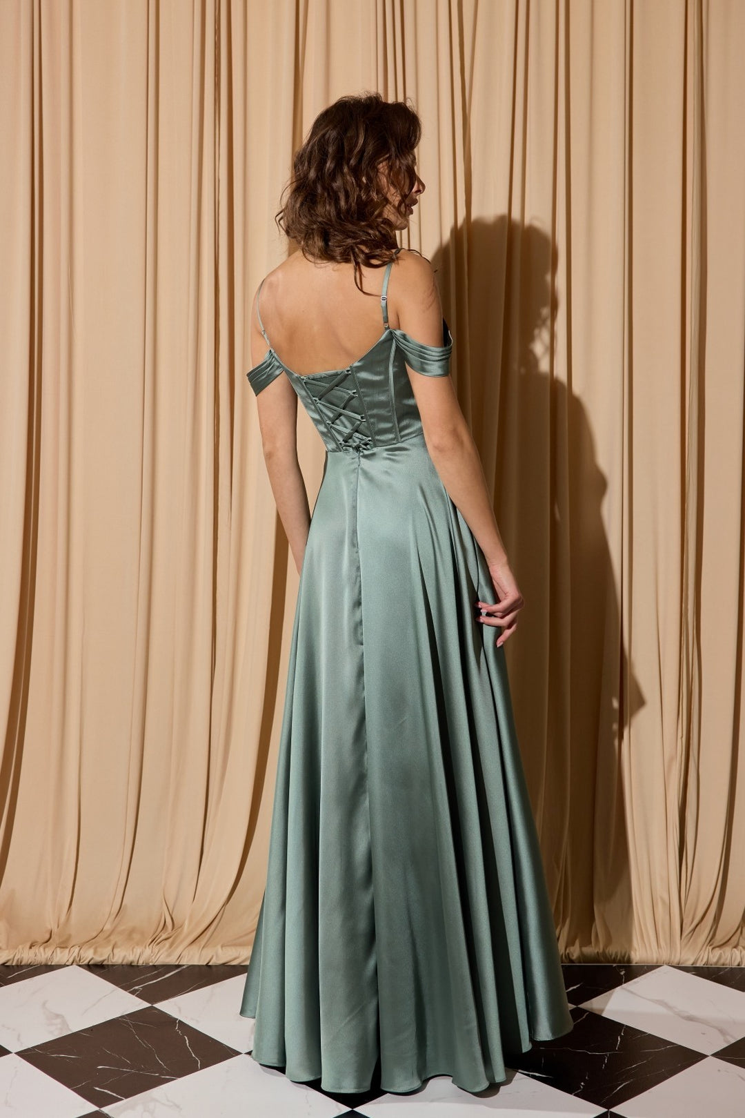 Satin Cold Shoulder Slit Gown by Eureka EK176