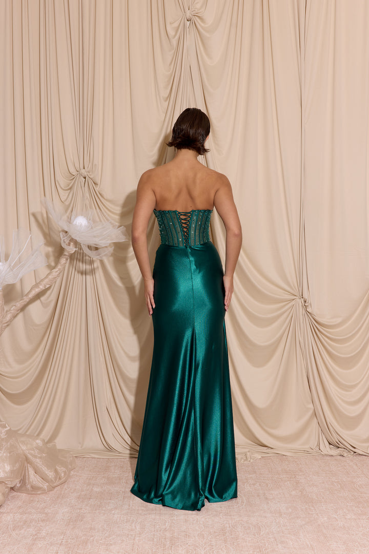 Beaded Satin Strapless Slit Gown by Eureka EK183