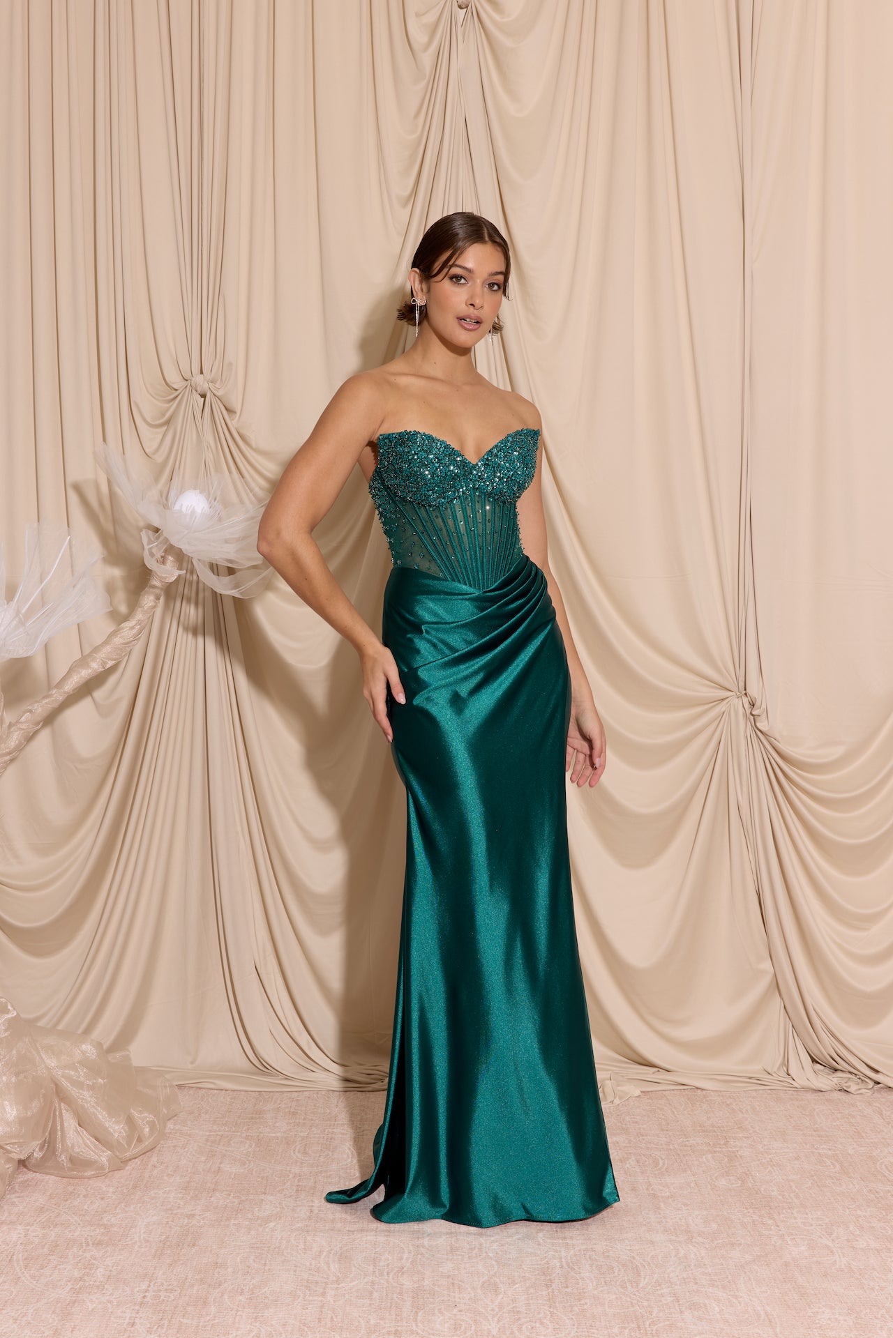 Beaded Satin Strapless Slit Gown by Eureka EK183 – ABC Fashion