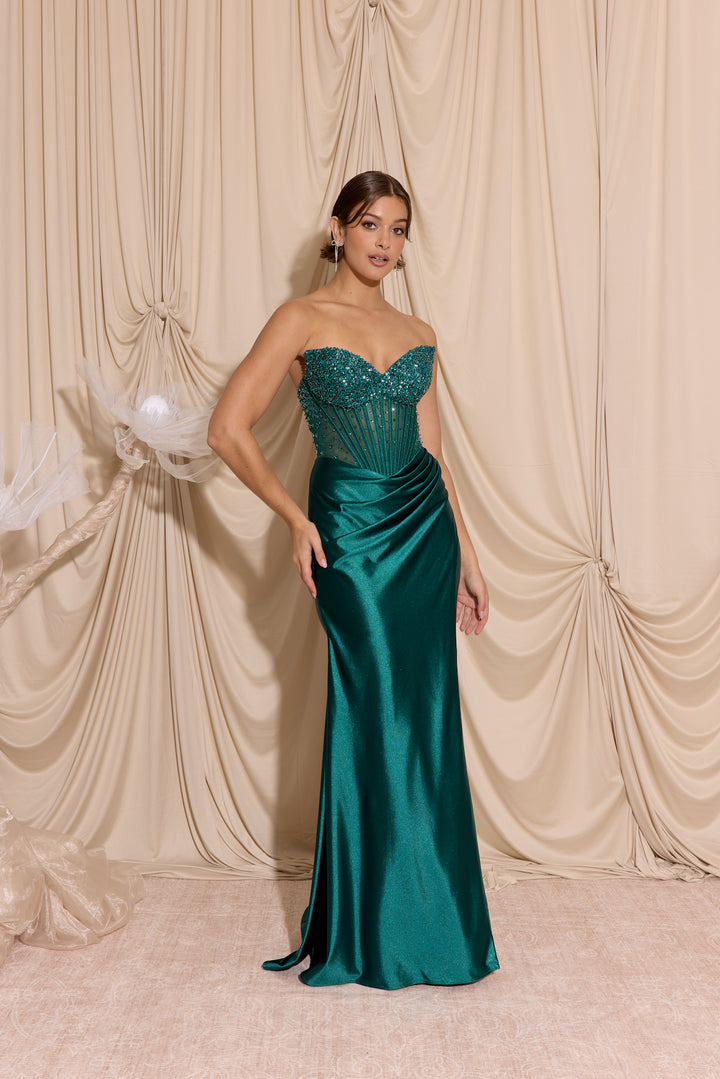 Beaded Satin Strapless Slit Gown by Eureka EK183