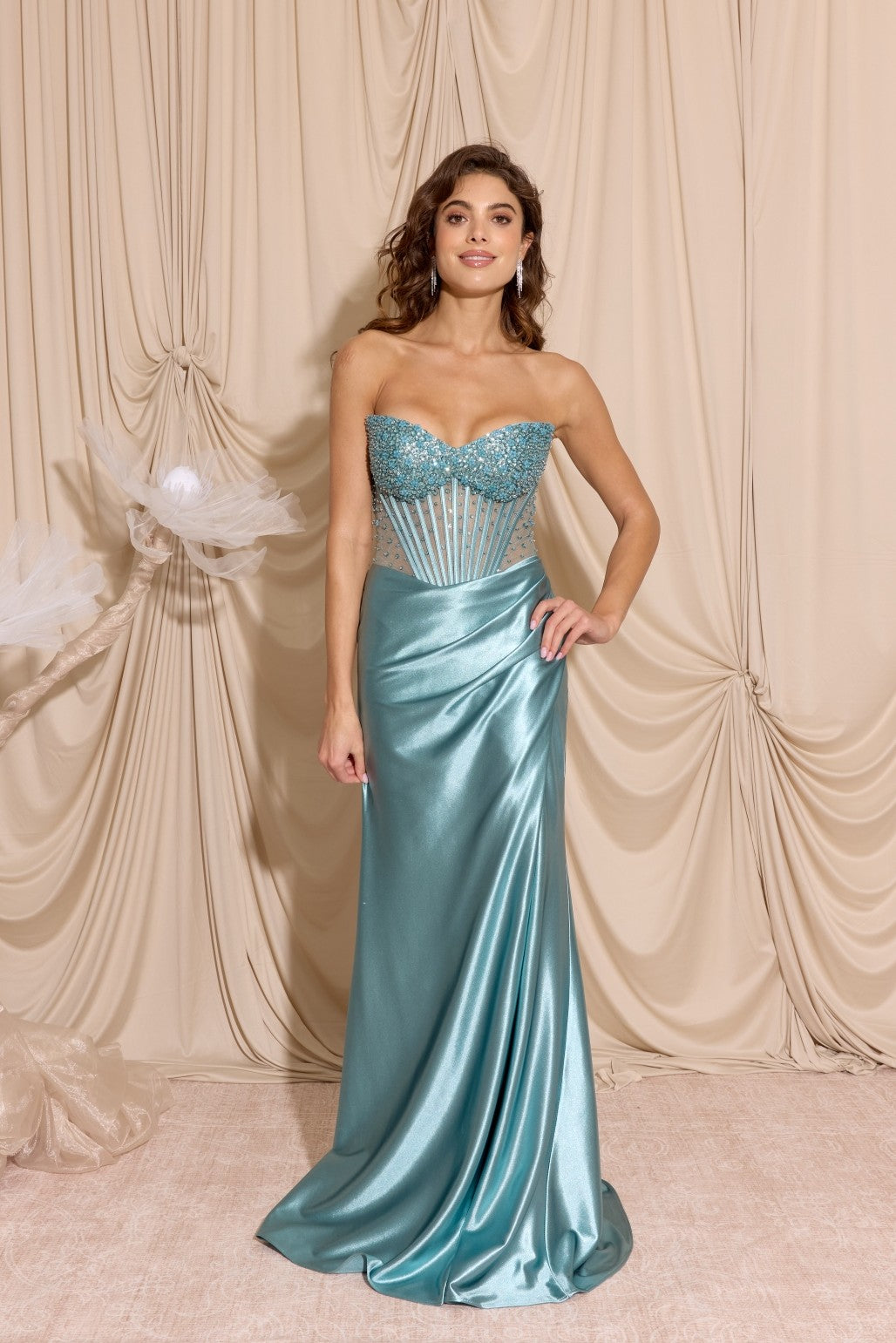 Beaded Satin Strapless Slit Gown by Eureka EK183
