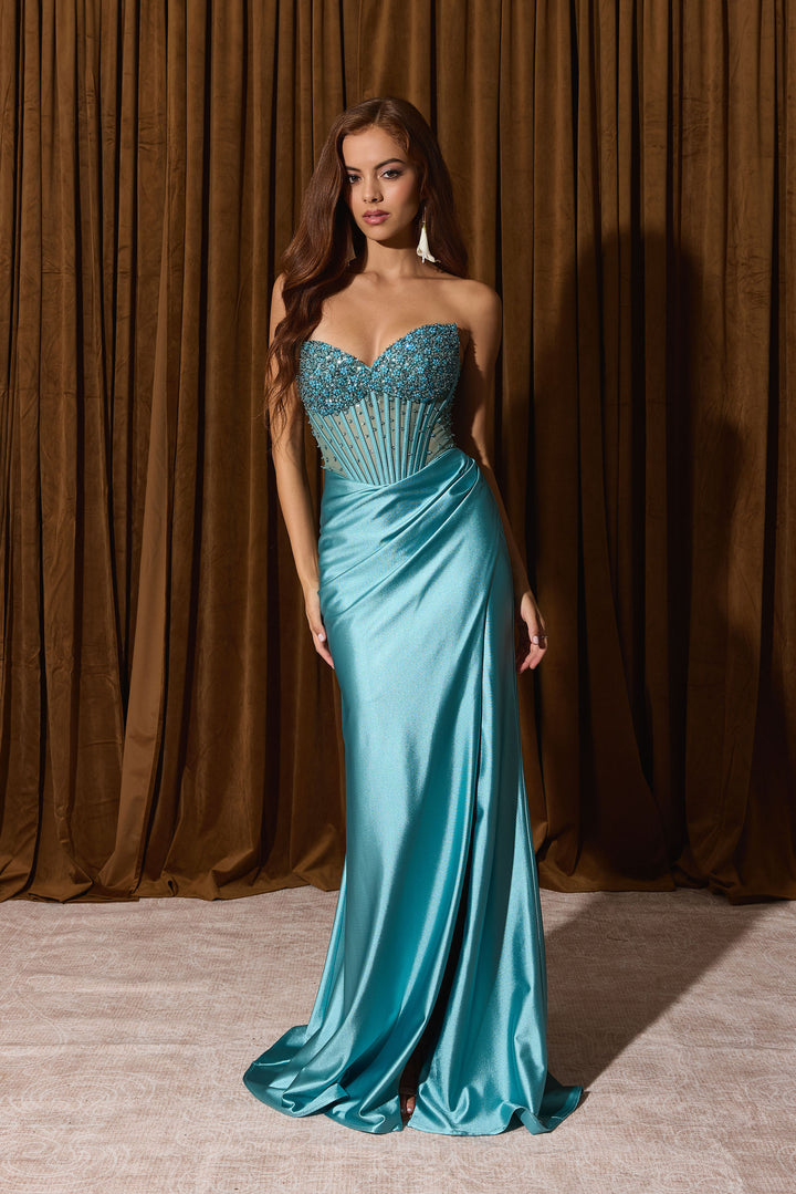 Beaded Satin Strapless Slit Gown by Eureka EK183
