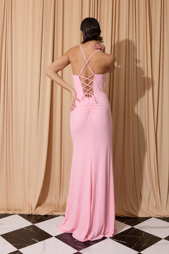 Glitter Jersey Fitted Cowl Slit Gown by Eureka EK186