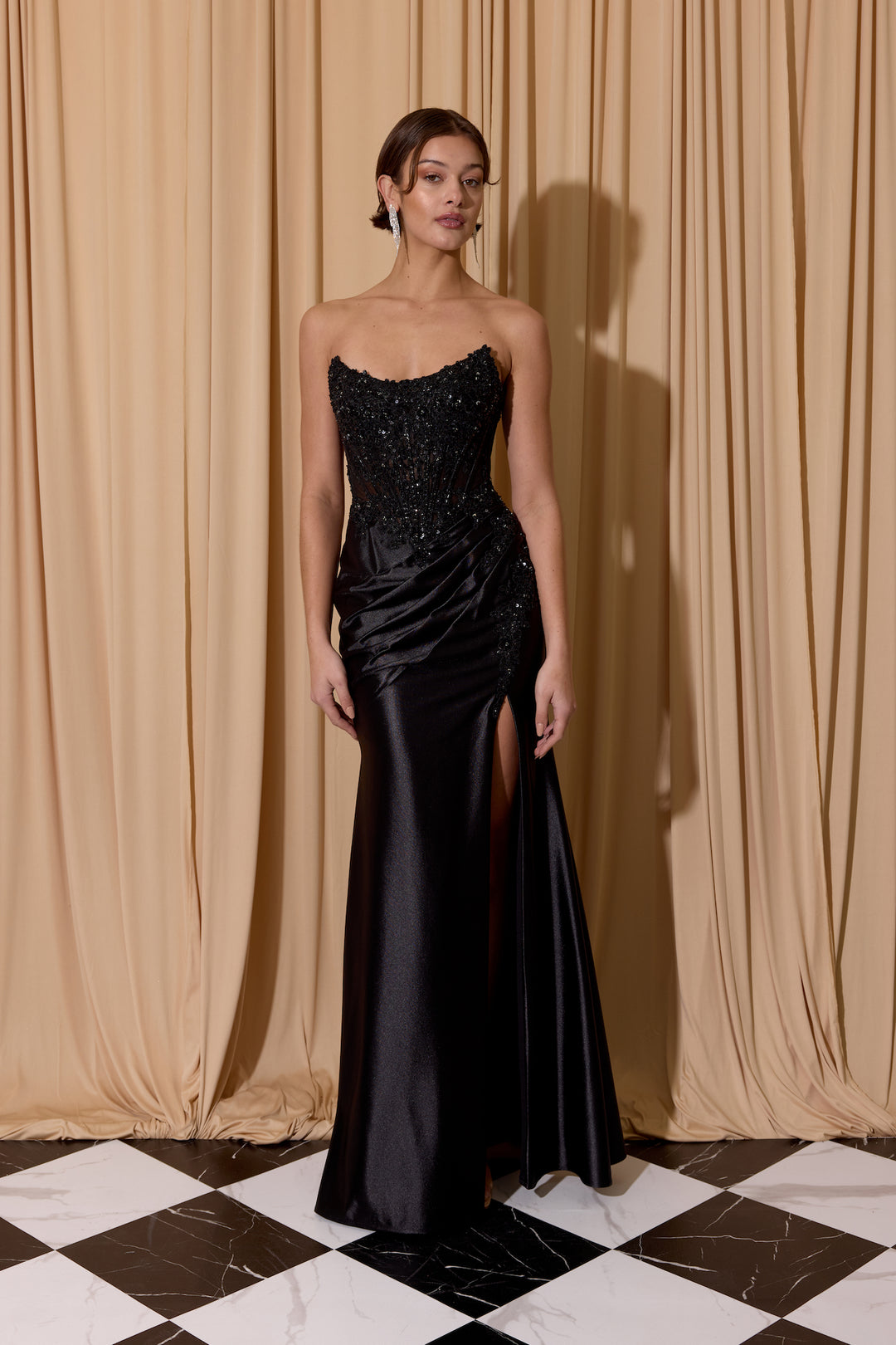 Applique Satin Strapless Slit Gown by Eureka EK202