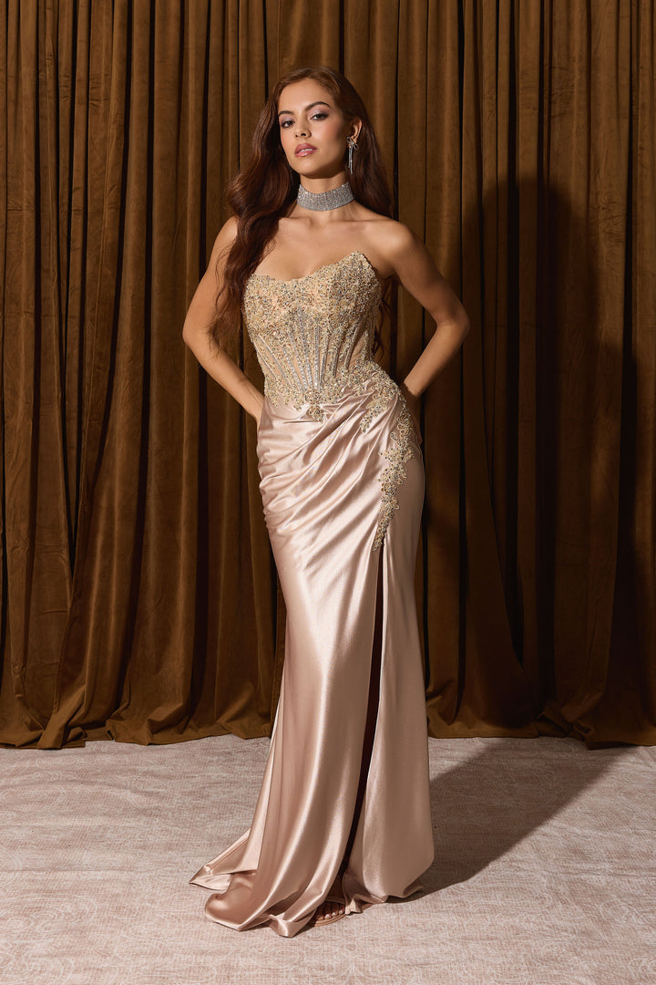 Applique Satin Strapless Slit Gown by Eureka EK202