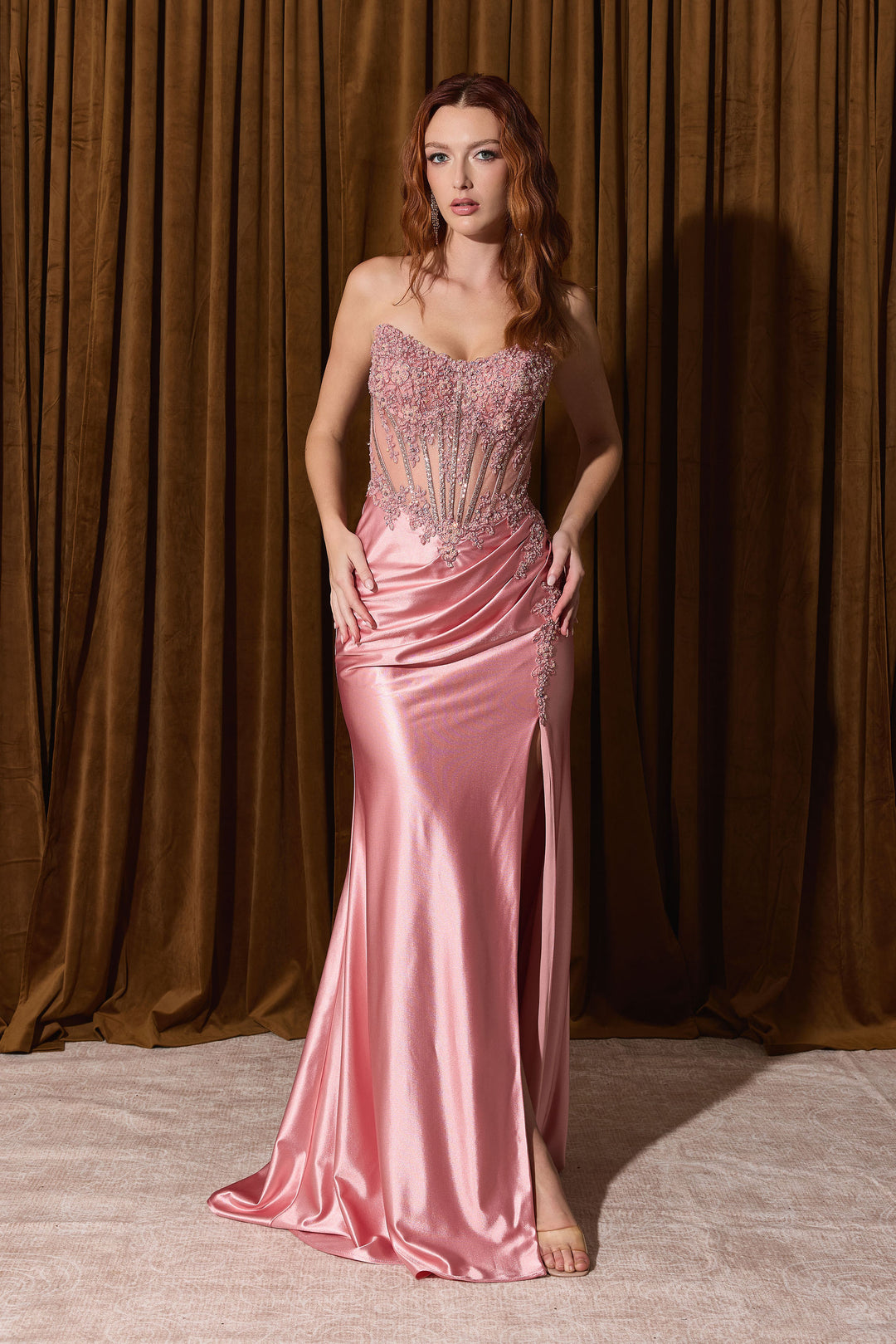 Applique Satin Strapless Slit Gown by Eureka EK202
