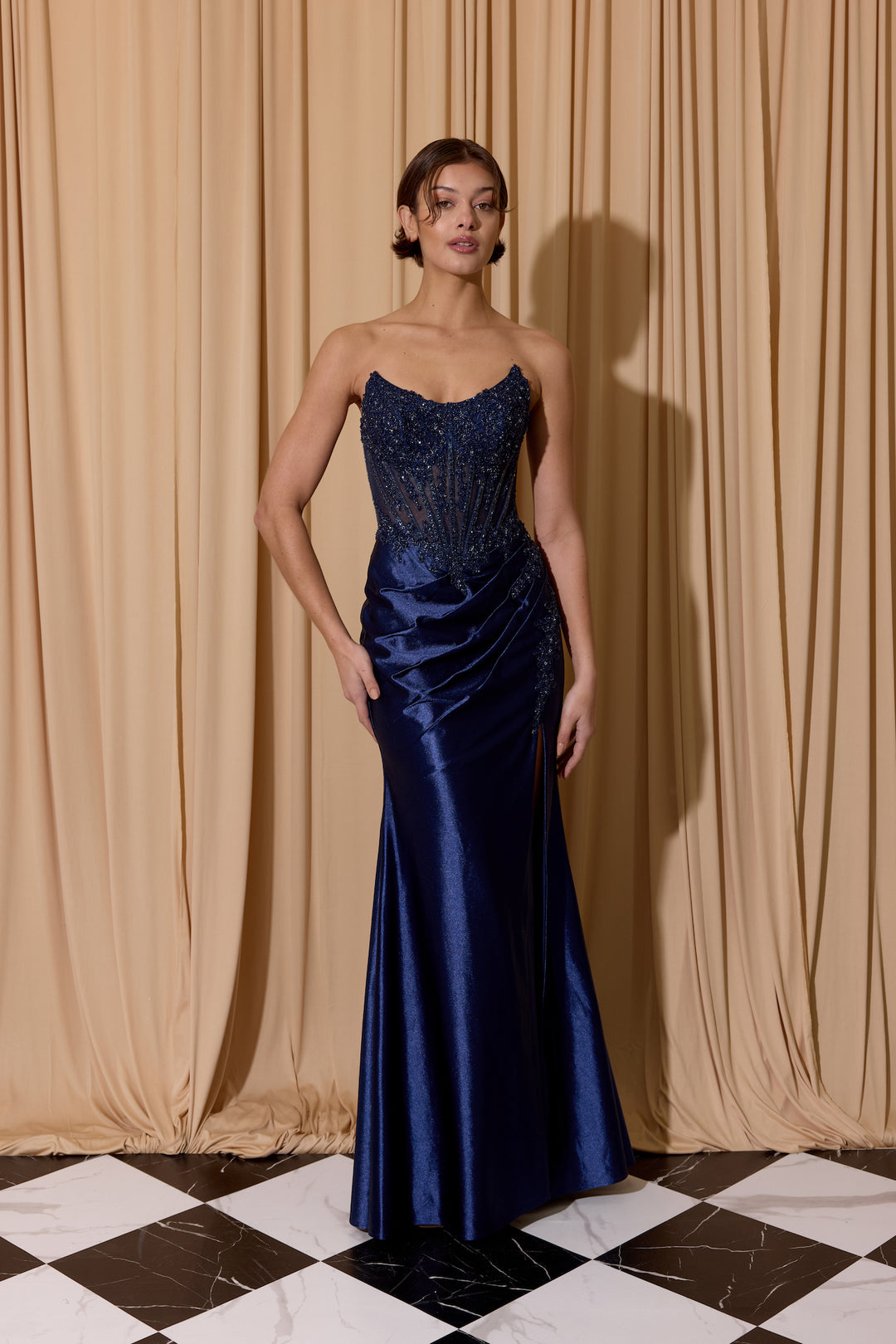 Applique Satin Strapless Slit Gown by Eureka EK202