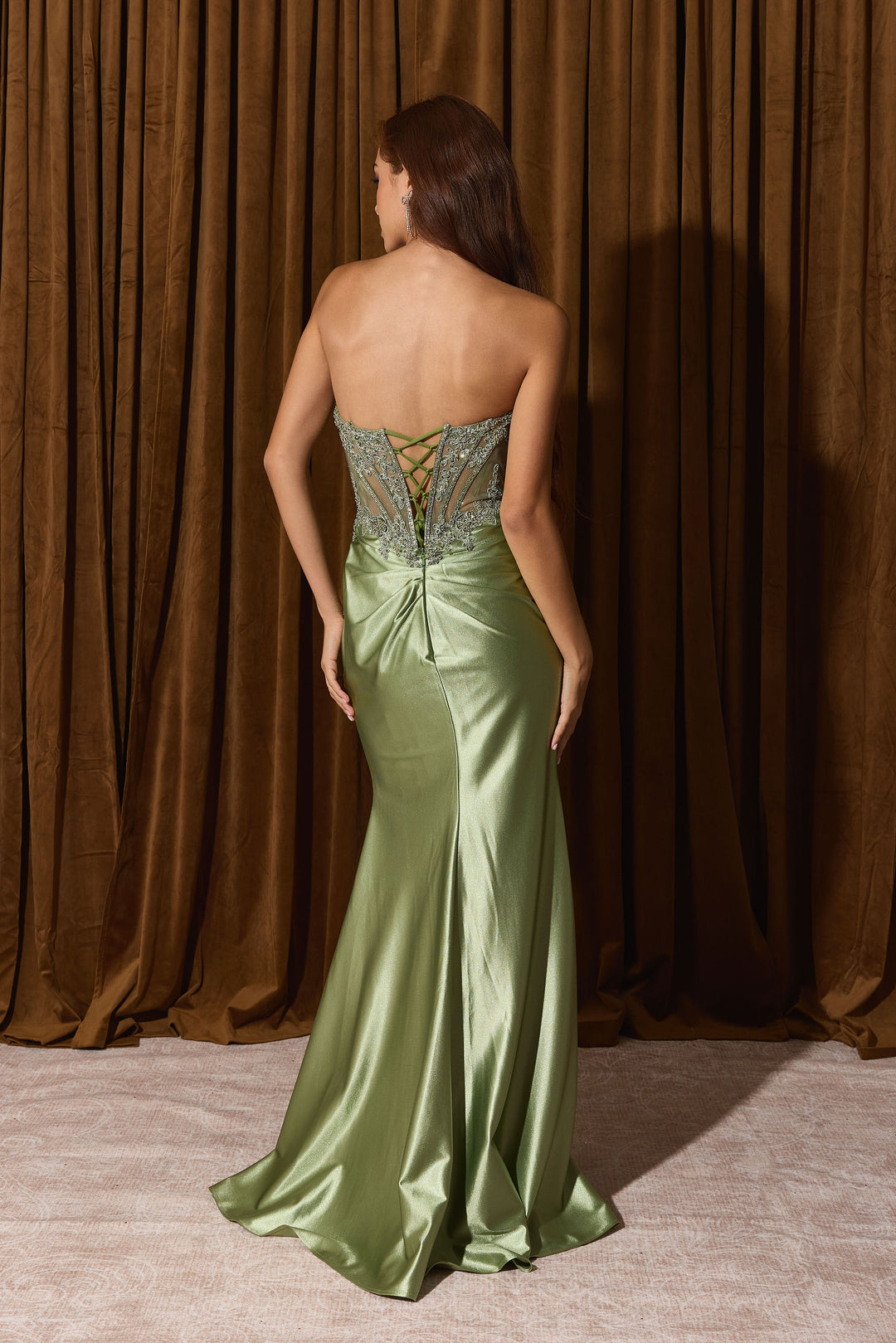 Applique Satin Strapless Slit Gown by Eureka EK202