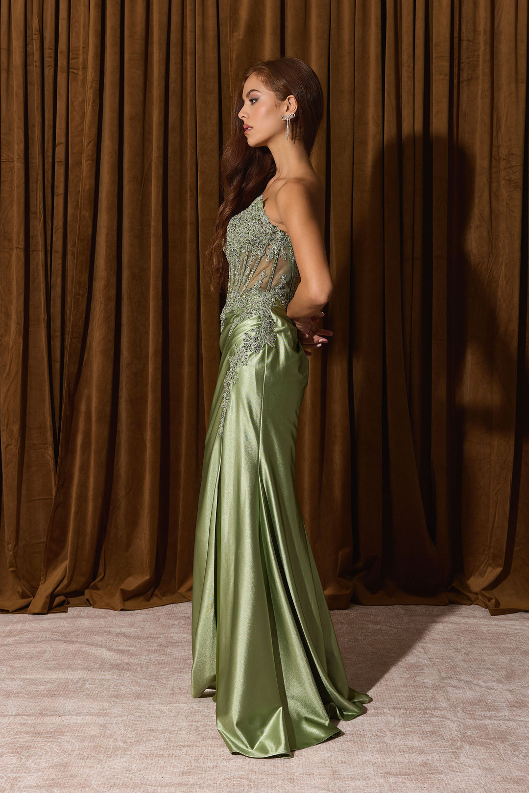 Applique Satin Strapless Slit Gown by Eureka EK202