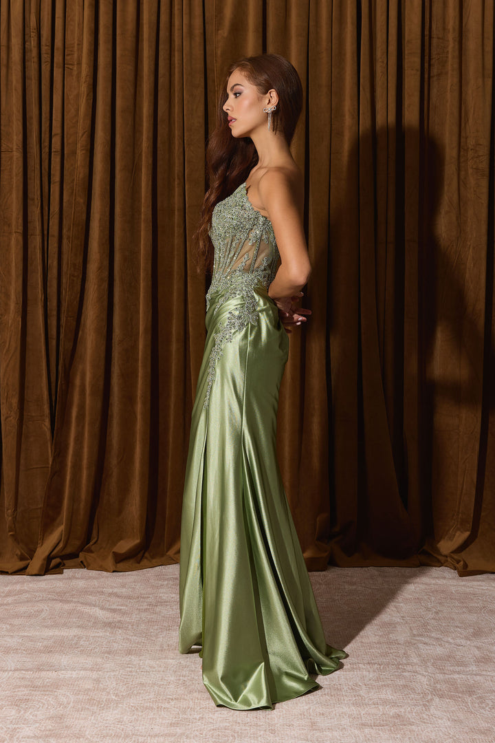 Applique Satin Strapless Slit Gown by Eureka EK202