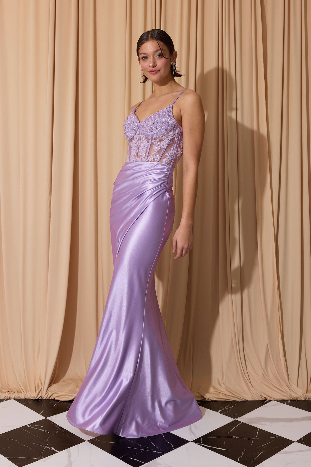 Applique Satin Sleeveless Slit Gown by Eureka EK203