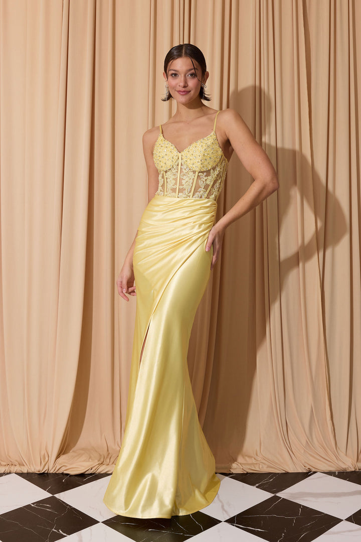 Applique Satin Sleeveless Slit Gown by Eureka EK203