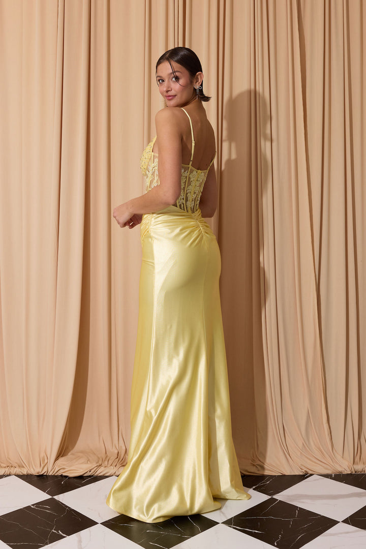 Applique Satin Sleeveless Slit Gown by Eureka EK203