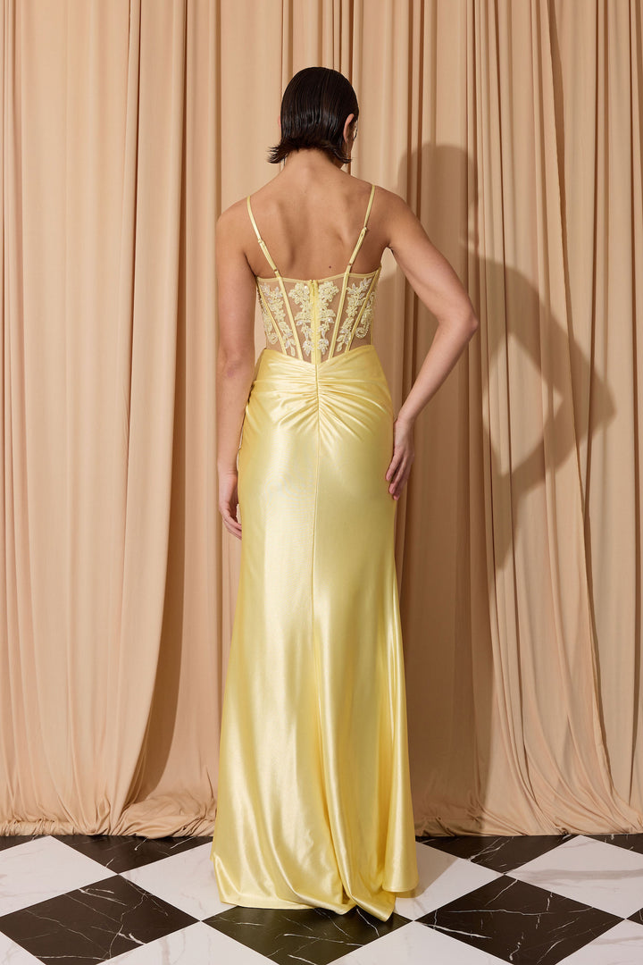 Applique Satin Sleeveless Slit Gown by Eureka EK203