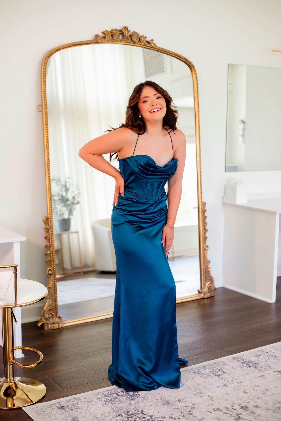 Fitted Satin Corset Cowl Slit Gown by Ladivine 7483 - Outlet