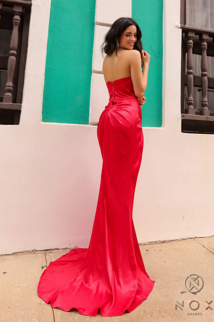 Pleated Satin Fitted Strapless Slit Gown by Nox Anabel F1380