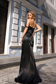 Pleated One Shoulder Satin Slit Gown by Nox Anabel F1381