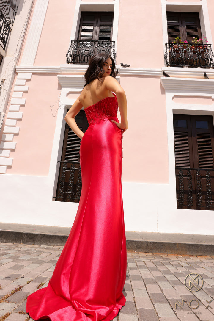 Beaded Satin Fitted Strapless Slit Gown by Nox Anabel F1466