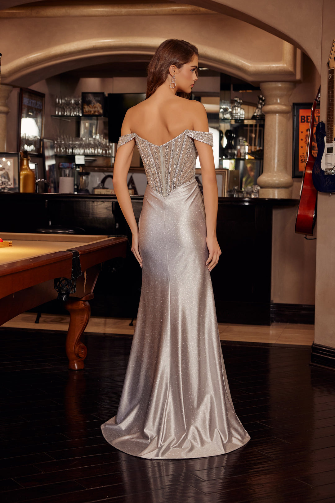 Glitter Satin Off Shoulder Slit Gown by Nox Anabel F1727