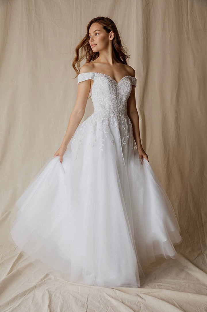 Applique Off Shoulder A-line Gown by Eureka 9191